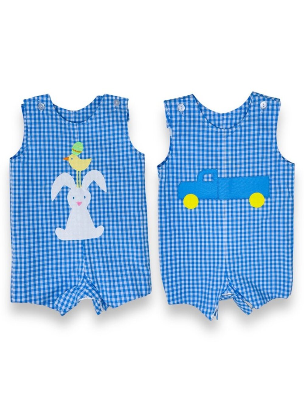 NWOT Baby Boy Blue Truck + Bunny Appliqué Reversible Shortalls Romper Outfit 12m